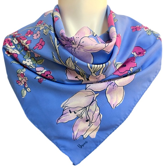 Vera Blue Floral Scarf – Lilies & Blossoms – 27” Square - Picture 1 of 7